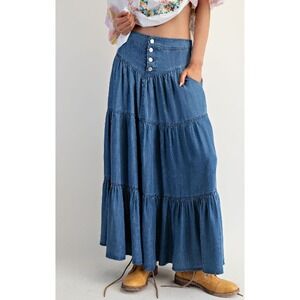 EASEL Ruffle Denim Jean Tencel Chambray Tiered Maxi Skirt Western Boho L NWT